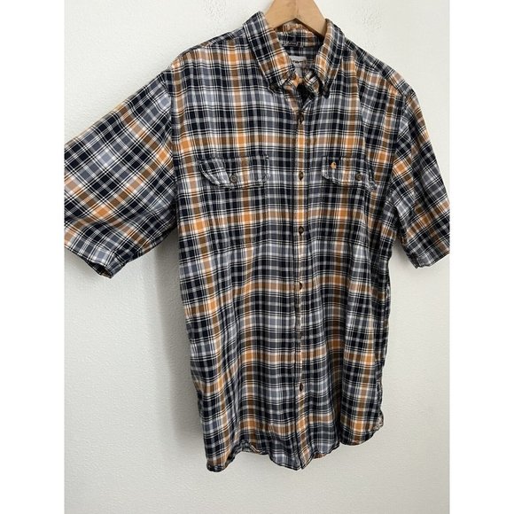 Carhartt Shirt Men's Large Button-Up Short Sleeve Cotton Casual Plaid Navy Gold - Picture 2 of 9